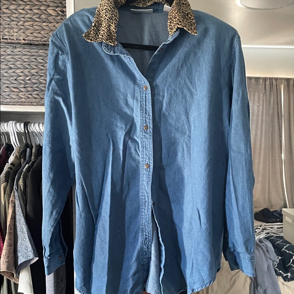Karen Scott Blue Button Down Shirt with Animal Print Collar